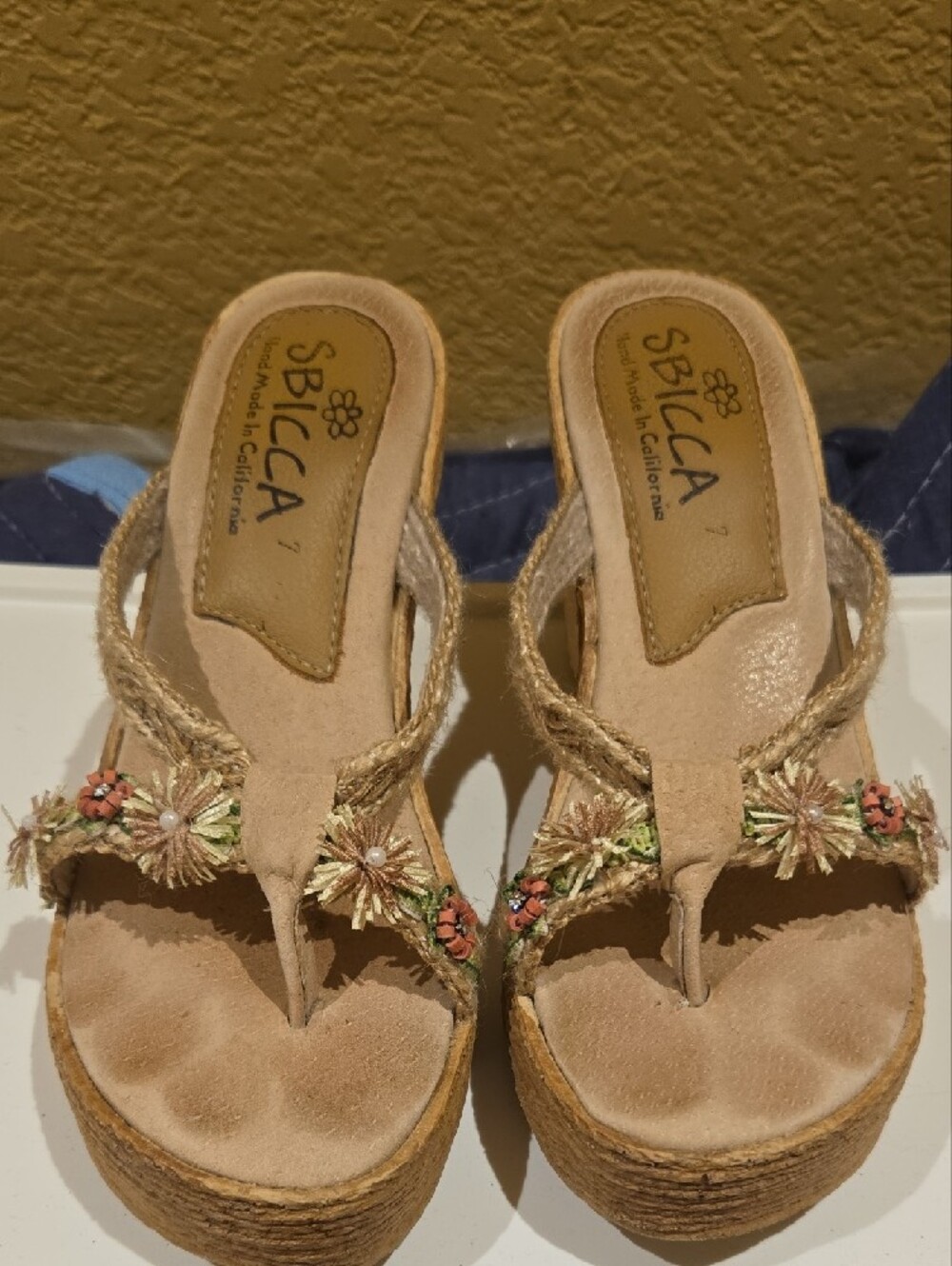 Sbicca Tan Rope Wedge Sandals with Floral Embellishments - Picture 2 of 9
